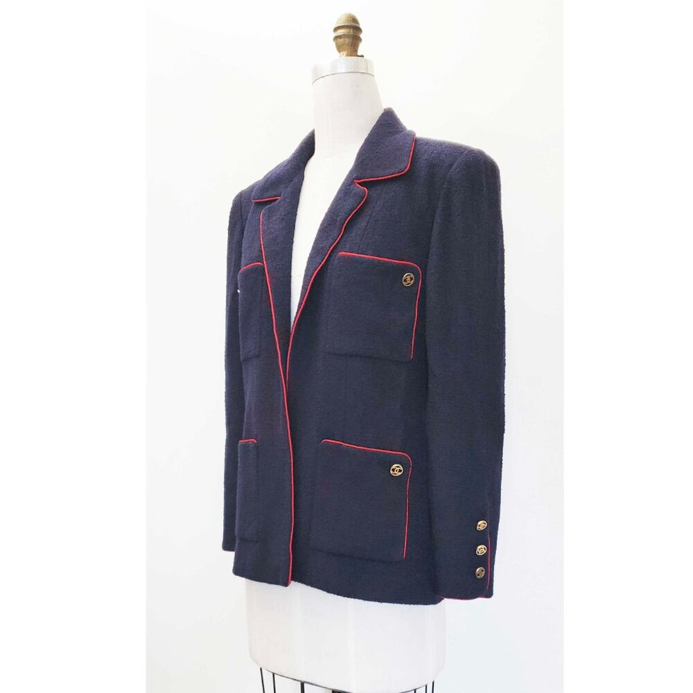 CHANEL Boutique Womens Vintage Navy Wool Boucle Blazer Logo CC Buttons Red Trim - Picture 5 of 15